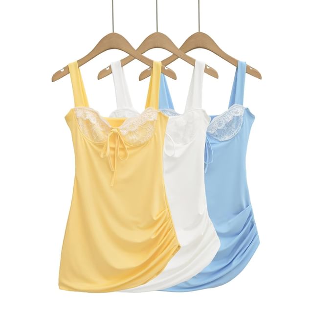Hollahop-Spaghetti Strap Square Neck Plain Lace Trim Mini Bodycon Dress