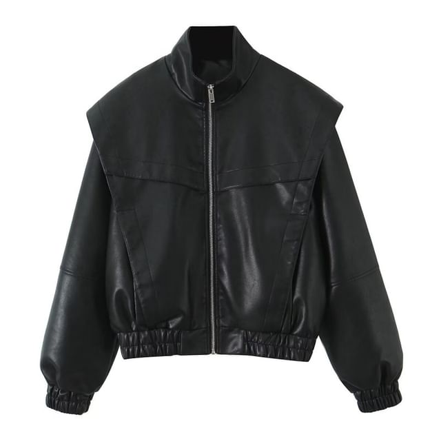 Hollahop-Stand Collar Faux Leather Zip Jacket