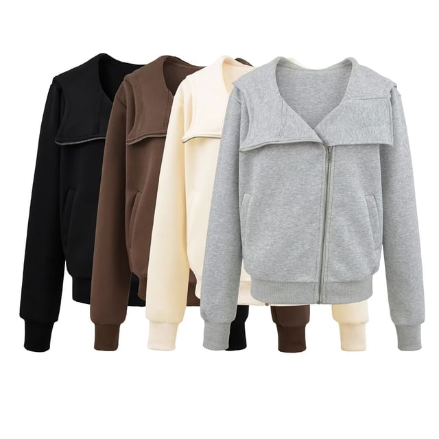 Hollahop-Stand Collar Plain Zip Hoodie