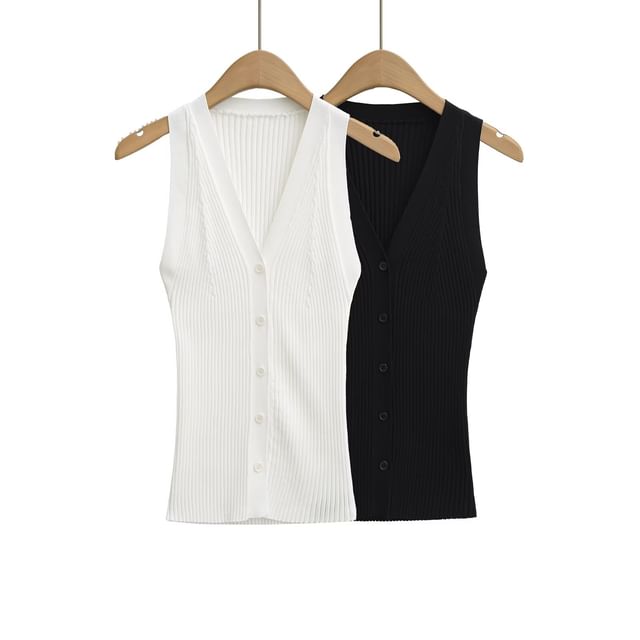 Hollahop-V-Neck Button-Up Plain Ribbed Knit Tank Top