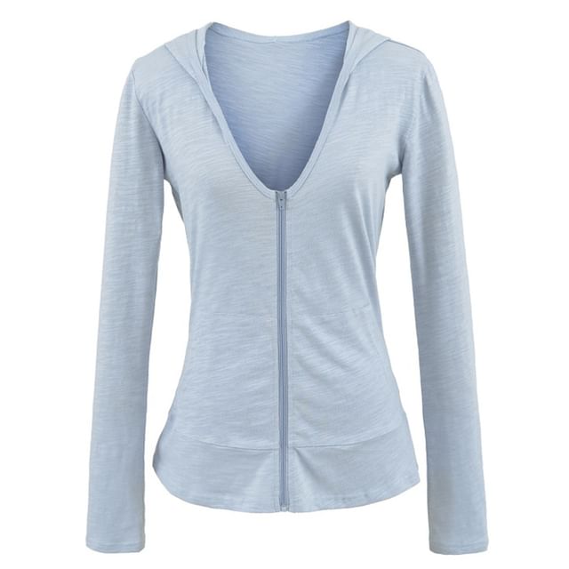 Hollahop-V-Neck Plain Hooded Zip Jacket