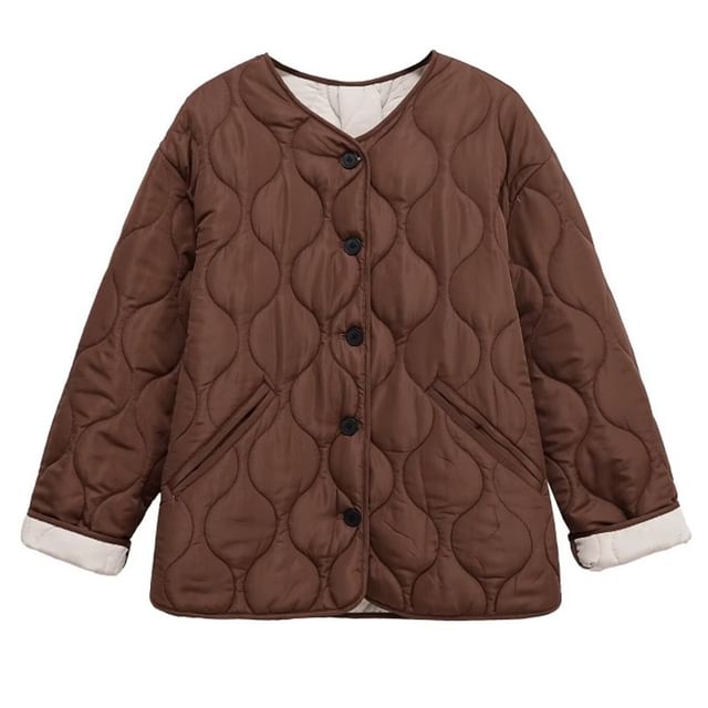 Hollahop-V-Neck Plain Quilted Button Jacket