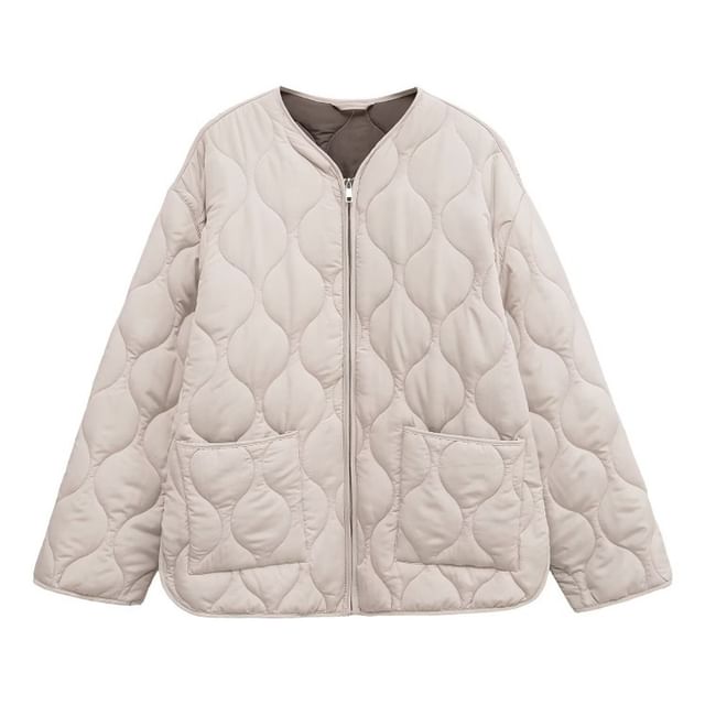 Hollahop-V-Neck Plain Quilted Zip Jacket