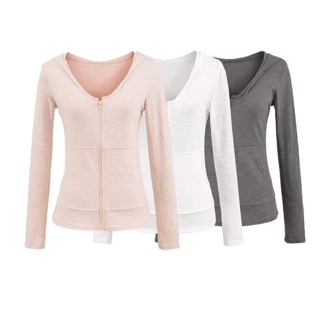 Hollahop-V-Neck Plain Zip Jacket