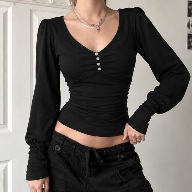 Honet-Balloon-Sleeve V-Neck Ruched Plain Top