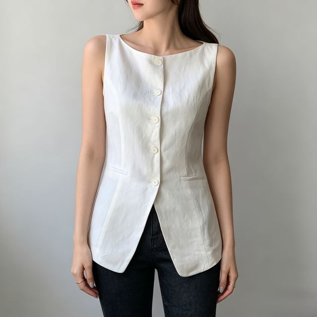 Honet-Boat Neck Plain Button Vest