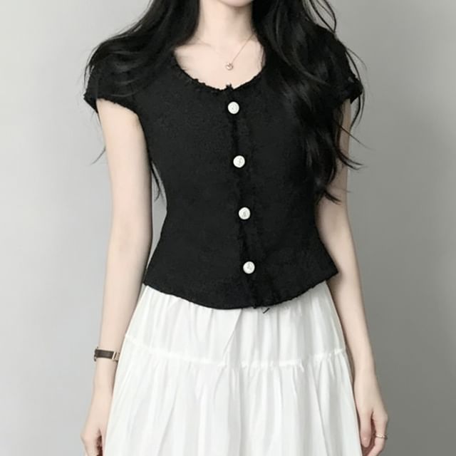 Honet-Cap Sleeve Round Neck Plain Tweed Button Jacket