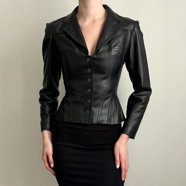 Honet-Collared Plain Panel Faux Leather Button Jacket