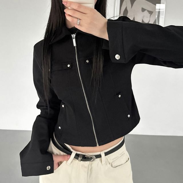 Honet-Collared Plain Panel Studded Zip Jacket