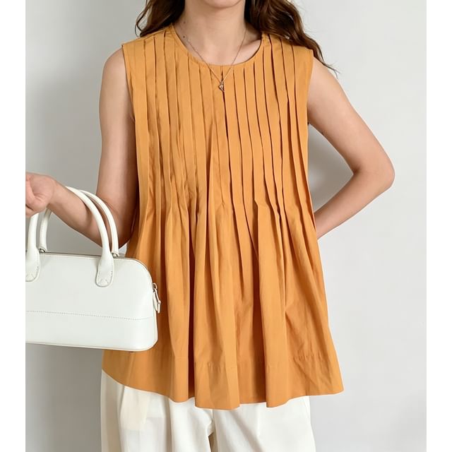 Honet-Crew Neck Plain Pleated Loose-Fit Tank Top