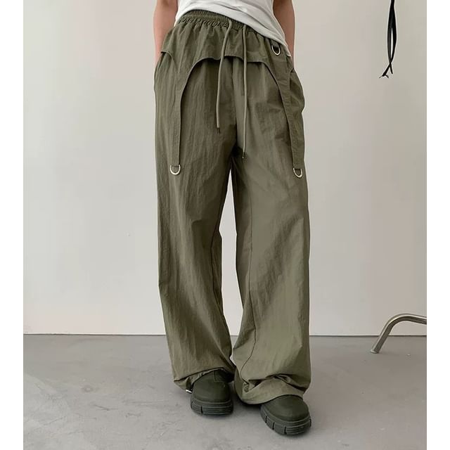 Honet-Drawstring Waist Plain Buckle Panel Wide Leg Pants