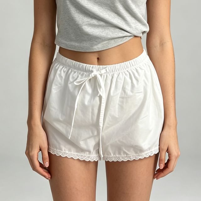 Honet-Drawstring Waist Plain Lace Trim Mini A-Line Skirt