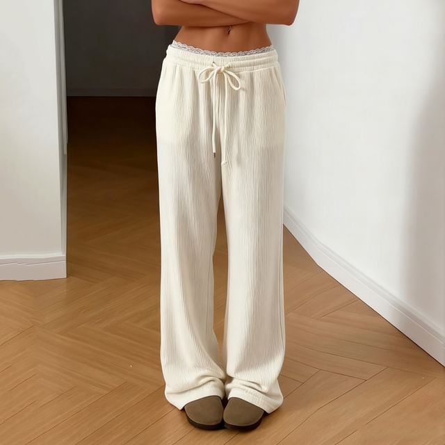 Honet-Drawstring Waist Plain Lace Trim Wide Leg Pants