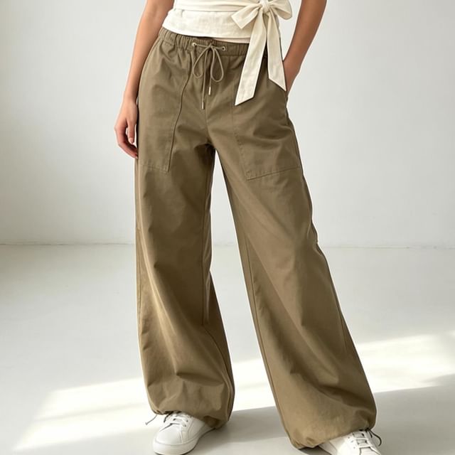 Honet-Drawstring Waist Plain Loose Fit Wide Leg Pants