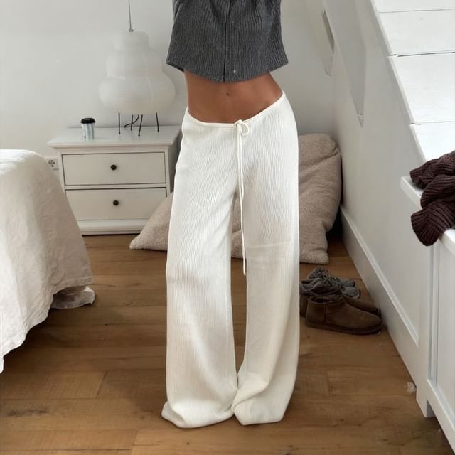 Honet-Drawstring Waist Plain Wide Leg Pants