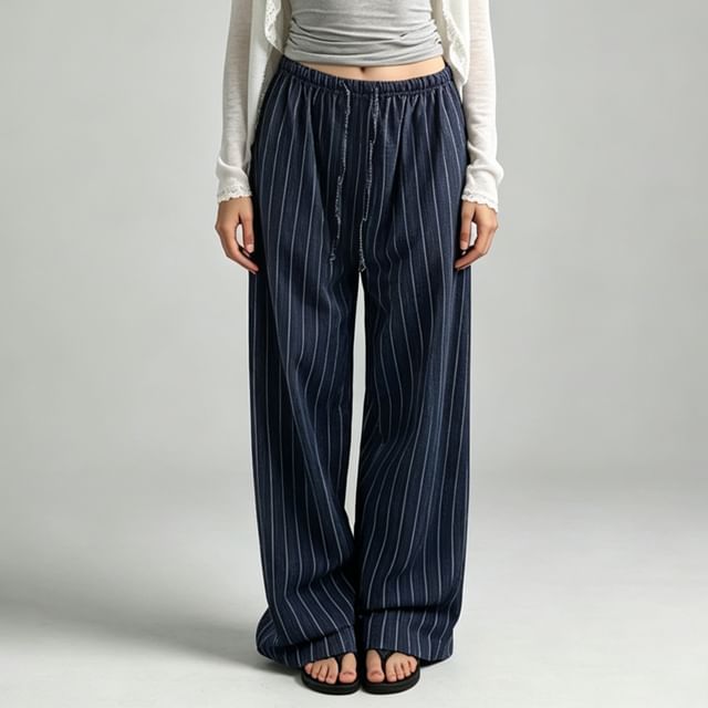 Honet-Drawstring Waist Striped Wide Leg Pants