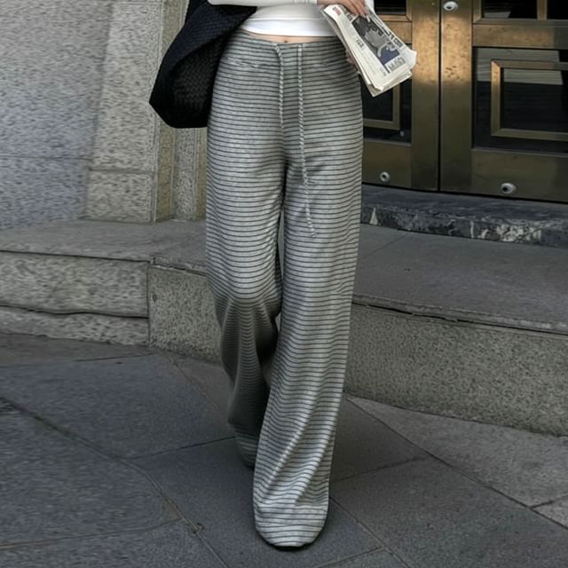 Honet-Drawstring Waist Striped Wide Leg Pants