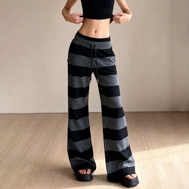 Honet-Drawstring Waist Striped Wide Leg Pants