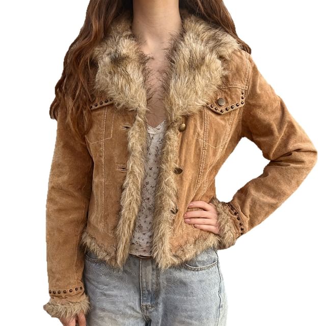 Honet-Faux Fur Button-Up Crop Jacket