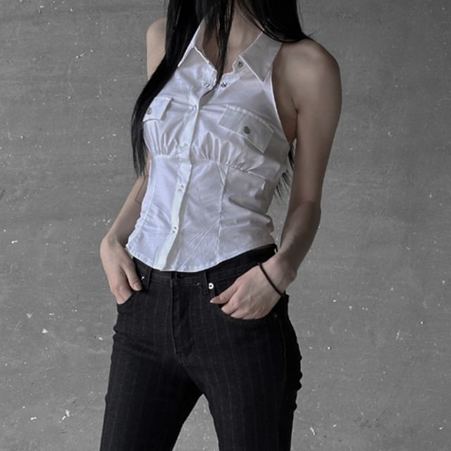 Honet-Halter Collared Plain Cargo Top Short Sleeve Collared Plain Shirt