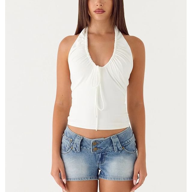 Honet-Halter V-Neck Drawstring Plain Slim-Fit Crop Tank Top