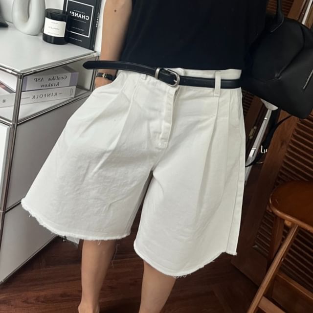 Honet-High Waist Plain Pleated Bermuda Shorts