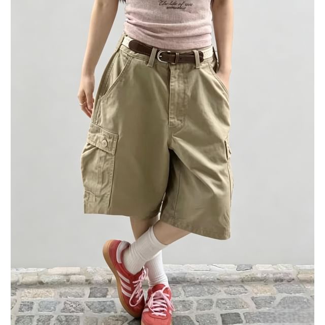 Honet-High Waist Plain Pocket Cargo Shorts