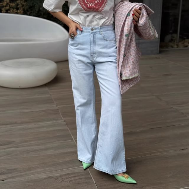 Honet-High Waist Washed Slim-Fit Boot-Cut Jeans