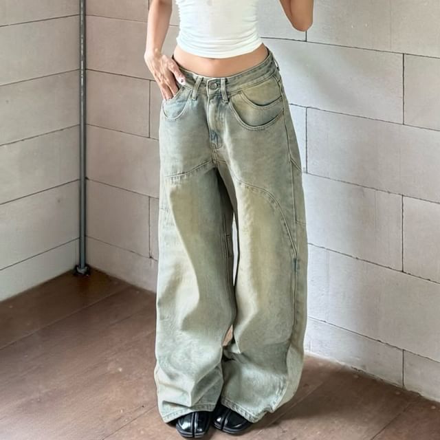 Honet-High Waist Washed Wide Leg Jeans