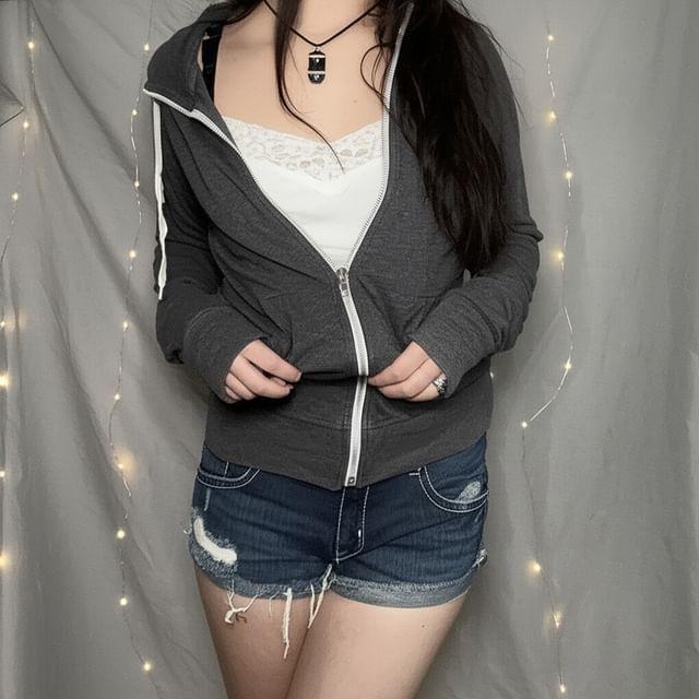 Honet-Hooded Plain Contrast Trim Zip Jacket