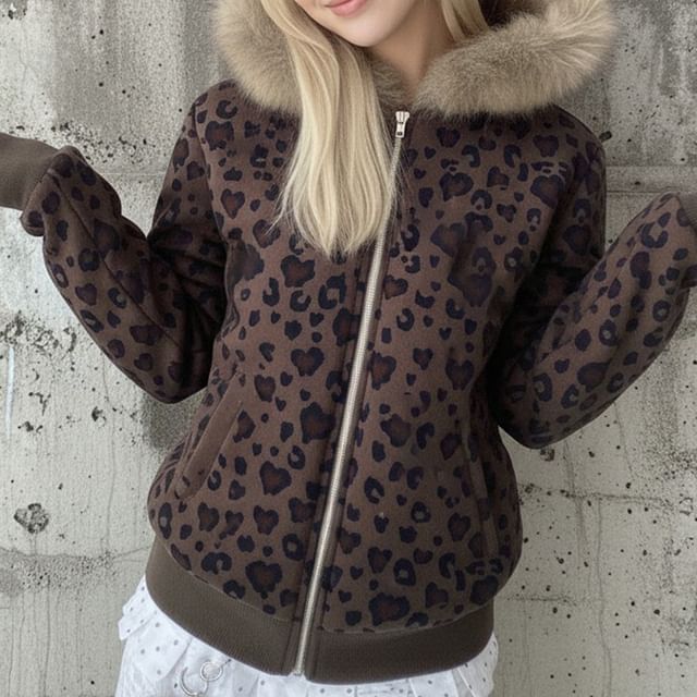 Honet-Leopard Print Fluffy Trim Zip Hoodie