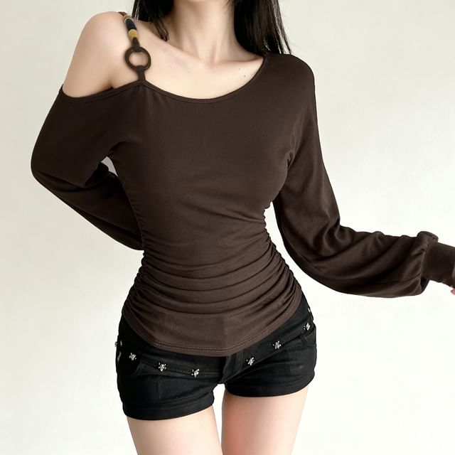 Honet-Long Sleeve Cold Shoulder Plain Beaded Ruched Top