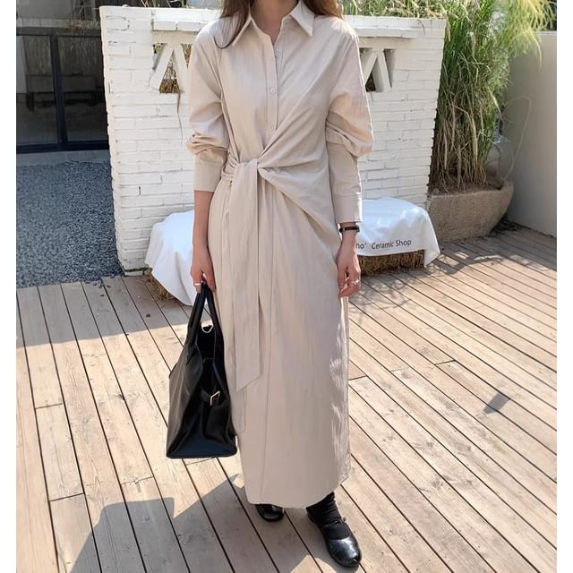 Honet-Long Sleeve Collared Knotted Plain Maxi Shirtdress