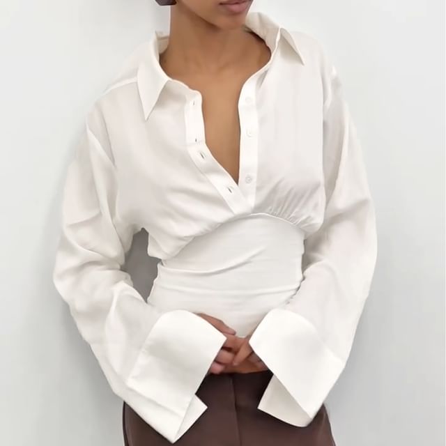 Honet-Long-Sleeve Collared Plain Blouse