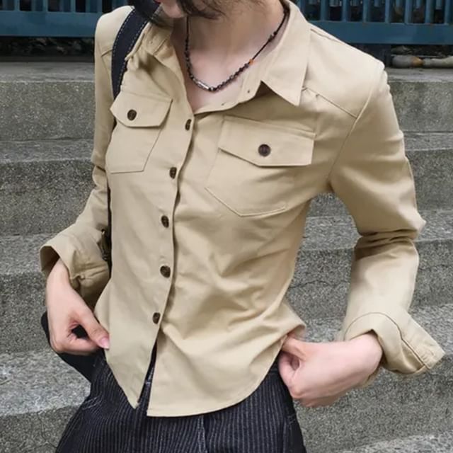Honet-Long Sleeve Collared Plain Cargo Shirt