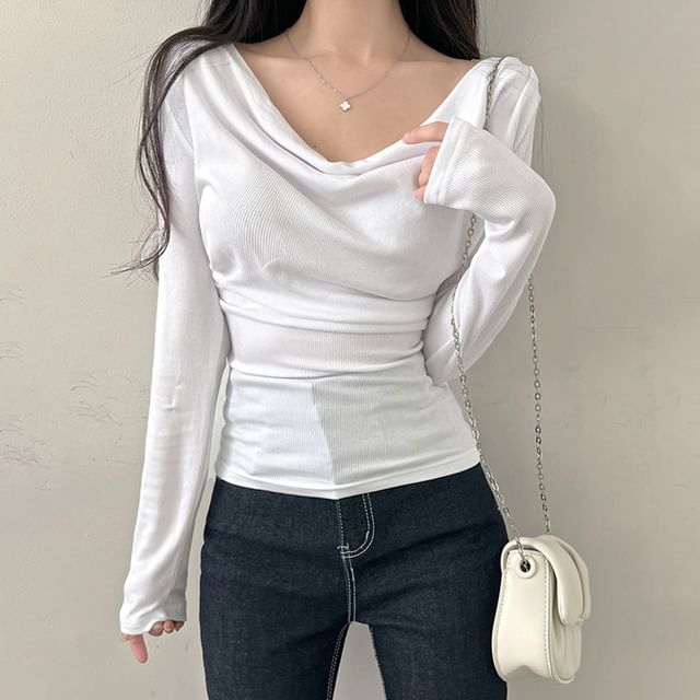 Honet-Long Sleeve Cowl Neck Plain Top