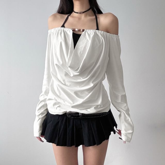 Honet-Long Sleeve Halter Beaded Mock Two Piece Top
