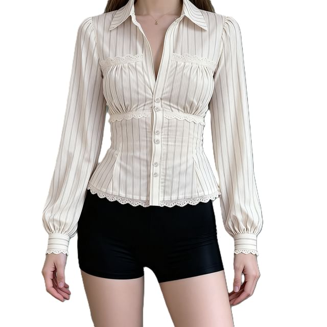 Honet-Long-Sleeve Lace Trim Striped Shirt