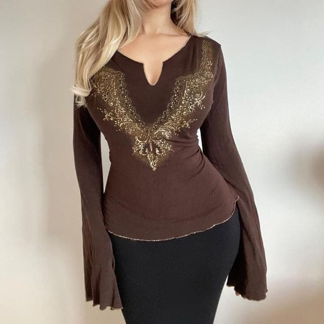 Honet-Long-Sleeve Notched Sequin Plain Crop Top