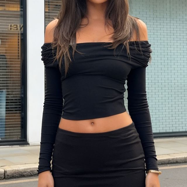Honet-Long-Sleeve Off Shoulder Cutout Plain Crop Top