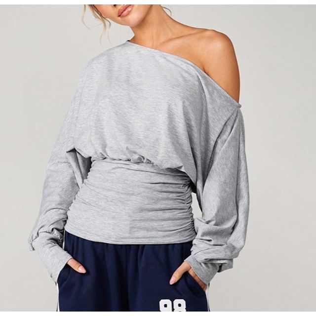 Honet-Long Sleeve Off- Shoulder Plain Ruched Slim-Fit Pullover