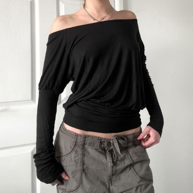 Honet-Long Sleeve Off Shoulder Plain Top