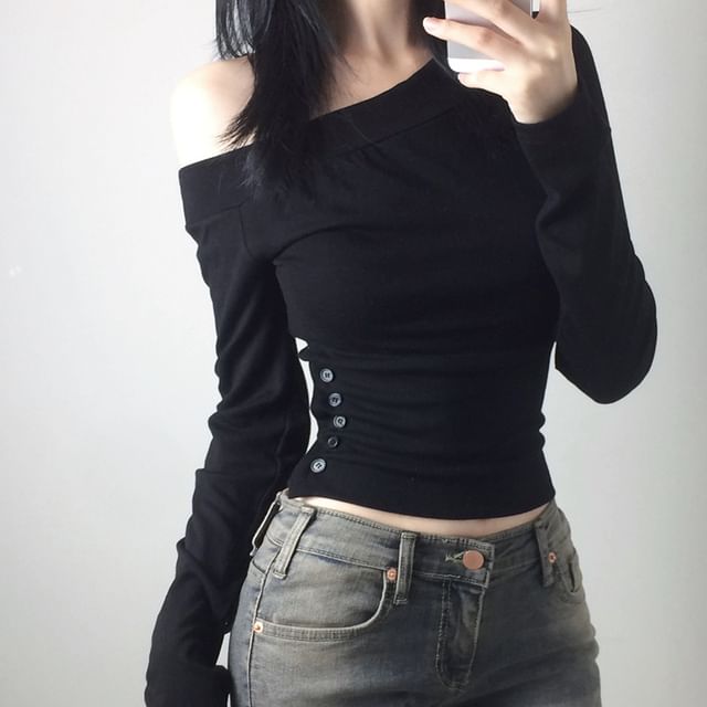 Honet-Long Sleeve One Shoulder Plain Button Top
