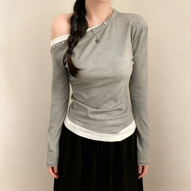 Honet-Long Sleeve One Shoulder Studded Mock Two Piece Top