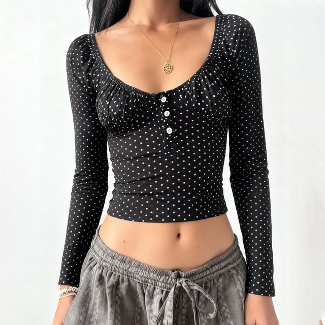 Honet-Long-Sleeve Scoop Neck Dotted Crop Top