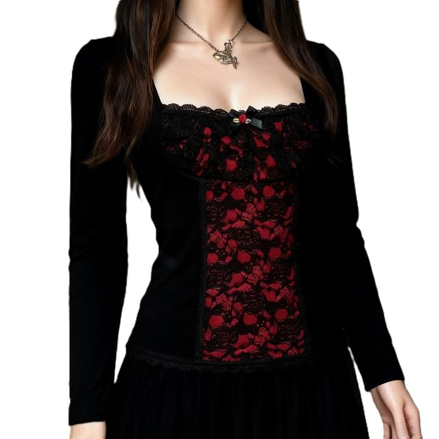 Honet-Long-Sleeve Square Neck Lace Top