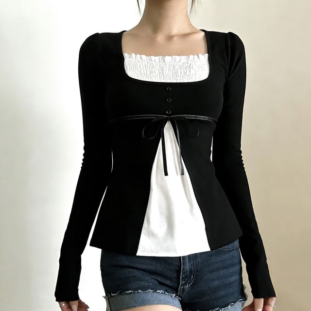 Honet-Long-Sleeve Square Neck Two Tone Top