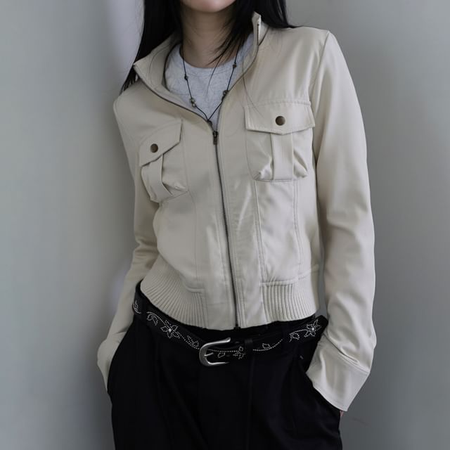 Honet-Long Sleeve Stand Collar Pocket Zip-Up Cargo Jacket