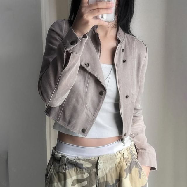 Honet-Long Sleeve Stand Collar Suede Zip-Up Crop Jacket