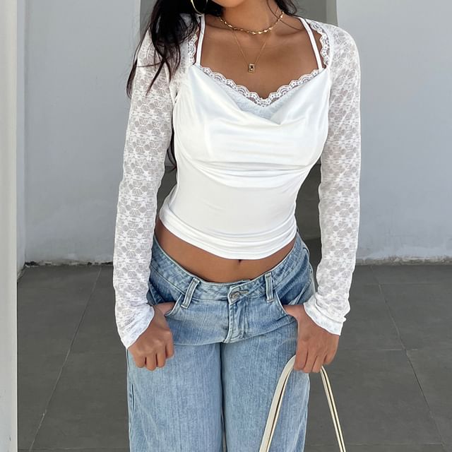 Honet-Long-Sleeve V-Neck Lace Panel Crop Top